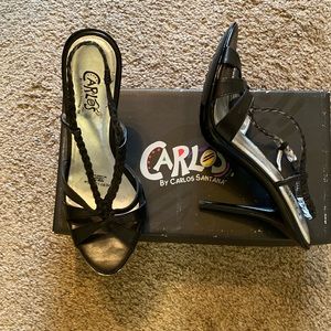 Carlos,black, size 8 medium, sling back with 4 inch heel,leather upper,wore 1x.